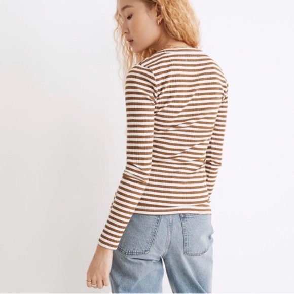 Madewell Pointelle Square-Scoop Tee Weathered Olive Striped Ribbed Shirt Medium - Picture 4 of 11